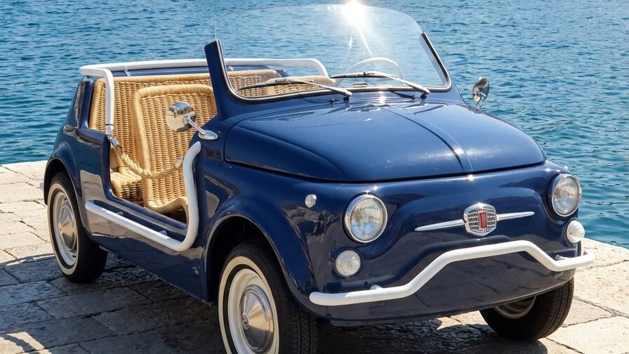 Fiat 500 Jolly Spiaggina blu davanti al porto con yacht